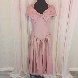 Vintage 80s Homemade Pink Cottagecore Off Shoulder Maxi Dress Romantic